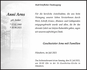 Traueranzeige von Anni Arns von Siegener Zeitung
