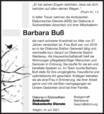 Traueranzeige von Barbara Buß von Siegener Zeitung