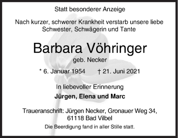 Traueranzeige von Barbara Vöhringer von Siegener Zeitung