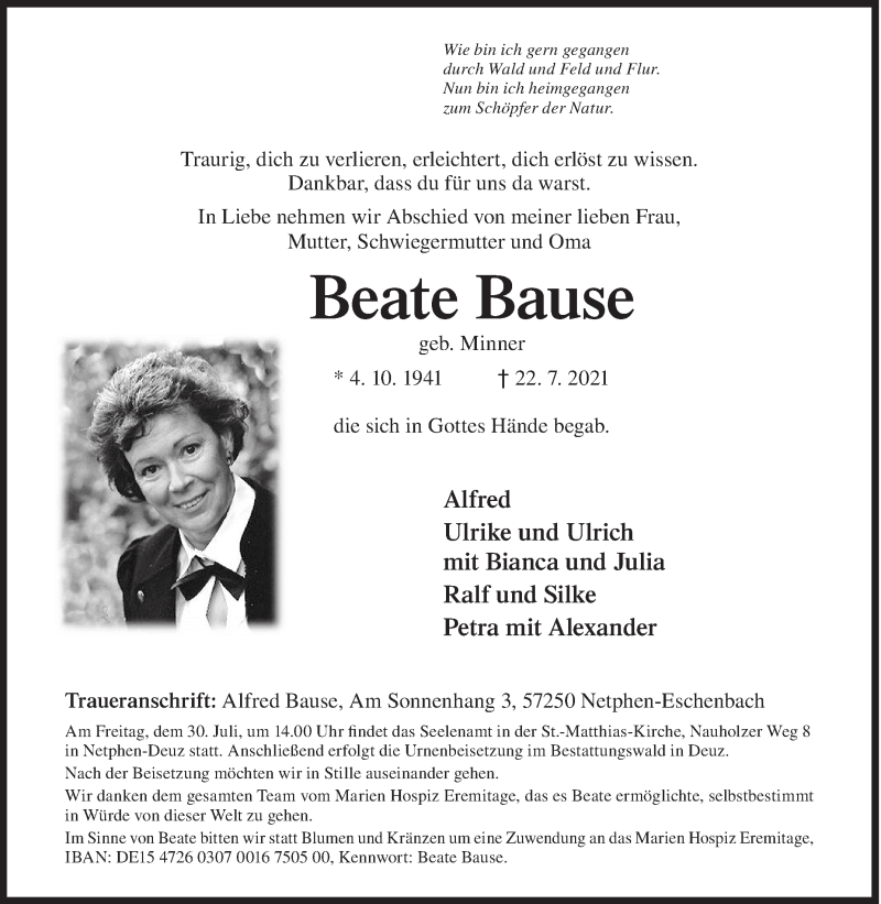  Traueranzeige für Beate Bause vom 27.07.2021 aus Siegener Zeitung
