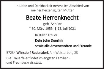 Traueranzeige von Beate Herrenknecht von Siegener Zeitung