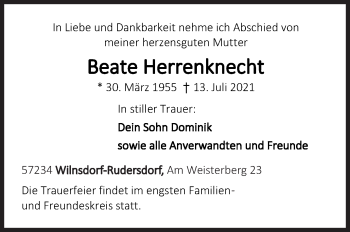 Traueranzeige von Beate Herrenknecht von Siegener Zeitung