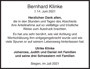 Traueranzeige von Bernhard Klinke von Siegener Zeitung