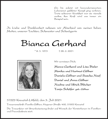 Traueranzeige von Bianca Gerhard von Siegener Zeitung