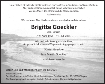 Traueranzeige von Brigitte Goeckler von Siegener Zeitung