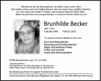 Traueranzeige von Brunhilde Becker von Siegener Zeitung