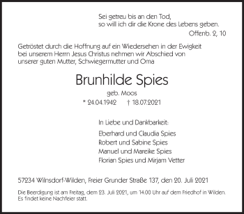 Traueranzeige von Brunhilde Spies von Siegener Zeitung