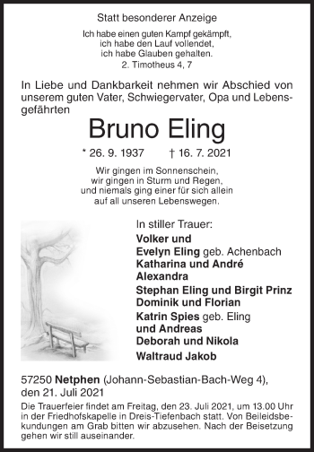 Traueranzeige von Bruno Eling von Siegener Zeitung