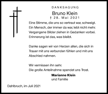 Traueranzeige von Bruno Klein von Siegener Zeitung