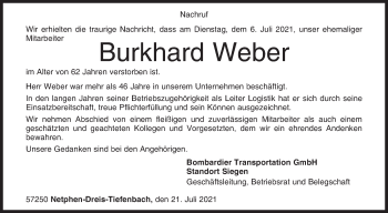 Traueranzeige von Burkhard Weber von Siegener Zeitung