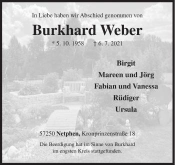 Traueranzeige von Burkhard Weber von Siegener Zeitung