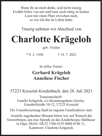 Traueranzeige von Charlotte Krägeloh von Siegener Zeitung