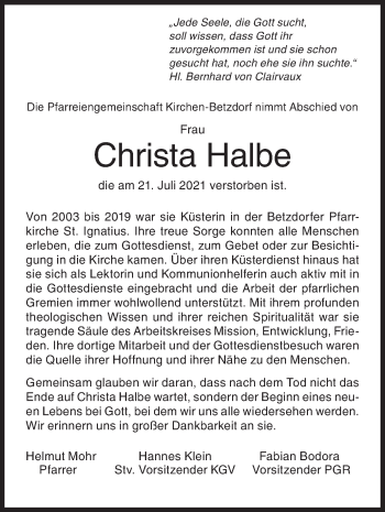 Traueranzeige von Christa Halbe von Siegener Zeitung
