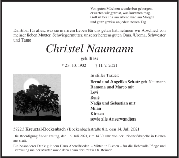 Traueranzeige von Christel Naumann von Siegener Zeitung