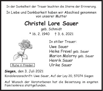 Traueranzeige von Christel Lore Sauer von Siegener Zeitung