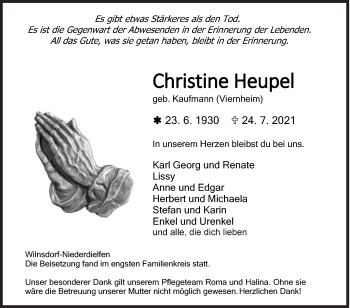 Traueranzeige von Christine Heupel von Siegener Zeitung