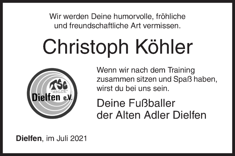  Traueranzeige für Christoph Köhler vom 23.07.2021 aus Siegener Zeitung