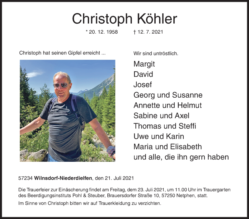  Traueranzeige für Christoph Köhler vom 21.07.2021 aus Siegener Zeitung