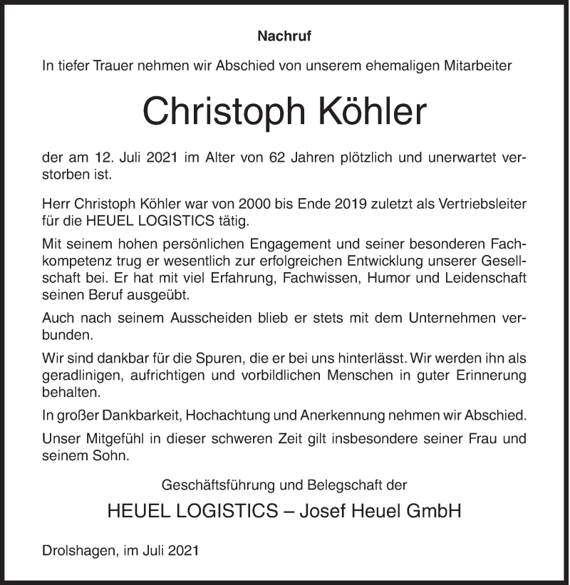  Traueranzeige für Christoph Köhler vom 22.07.2021 aus Siegener Zeitung