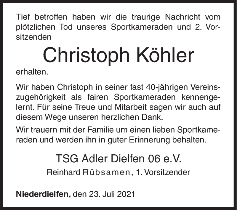  Traueranzeige für Christoph Köhler vom 23.07.2021 aus Siegener Zeitung