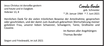 Traueranzeige von Cornelia Bender von Siegener Zeitung