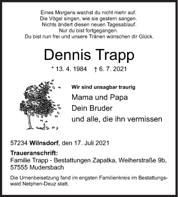 Traueranzeige von Dennis Trapp von Siegener Zeitung