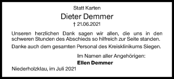 Traueranzeige von Dieter Demmer von Siegener Zeitung