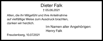 Traueranzeige von Dieter Falk von Siegener Zeitung