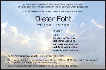 Traueranzeige von Dieter Foht von Siegener Zeitung