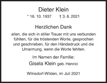 Traueranzeige von Dieter Klein von Siegener Zeitung