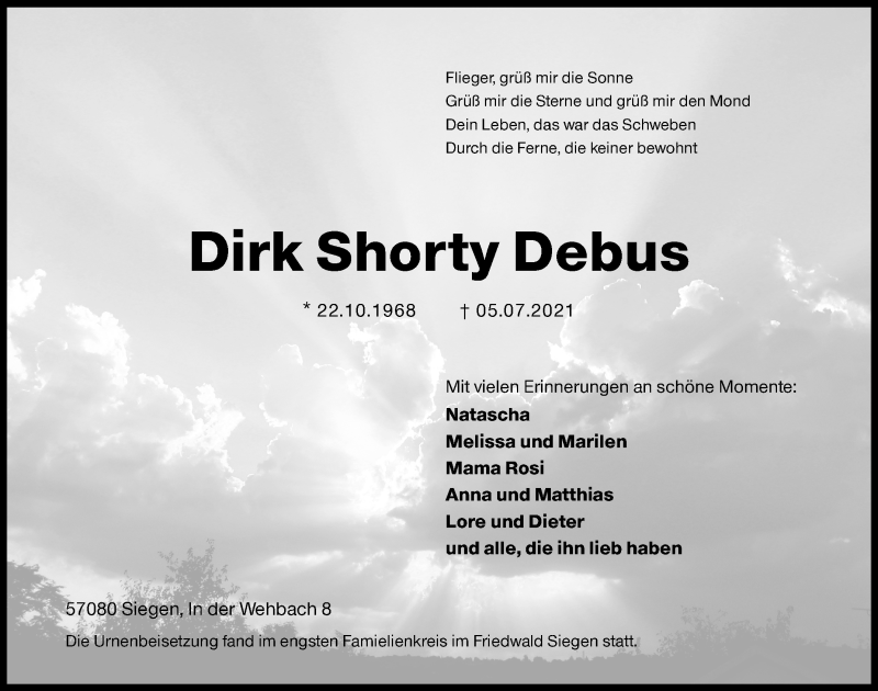  Traueranzeige für Dirk Shorty Debus vom 24.07.2021 aus Siegener Zeitung
