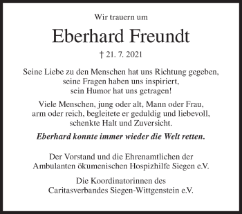 Traueranzeige von Eberhard Freundt von Siegener Zeitung