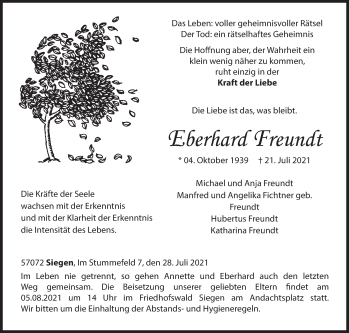 Traueranzeige von Eberhard Freundt von Siegener Zeitung