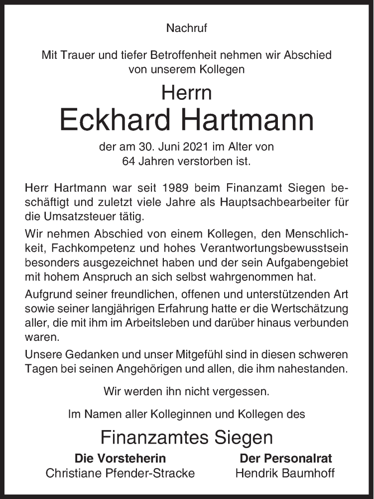  Traueranzeige für Eckhard Hartmann vom 03.07.2021 aus Siegener Zeitung