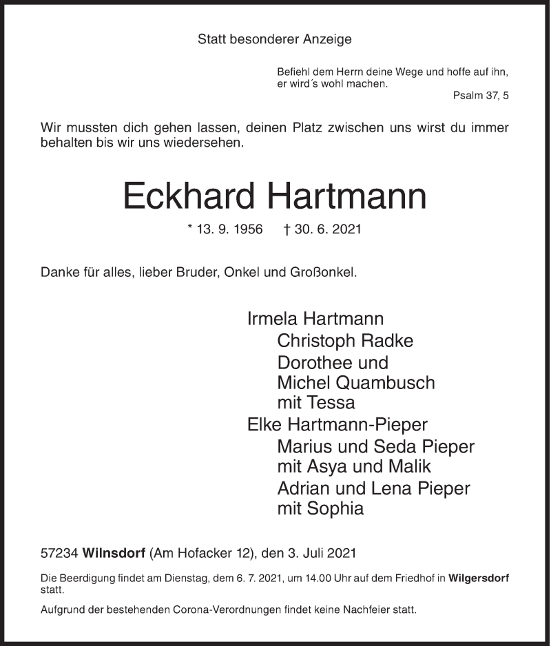  Traueranzeige für Eckhard Hartmann vom 03.07.2021 aus Siegener Zeitung