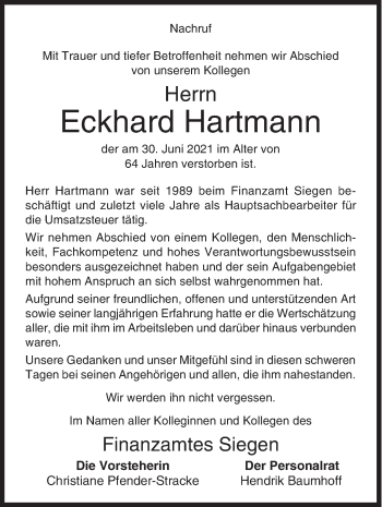 Traueranzeige von Eckhard Hartmann von Siegener Zeitung