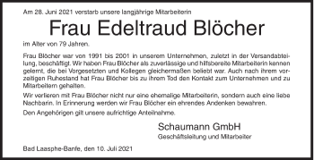 Traueranzeige von Edeltraud Blöcher von Siegener Zeitung