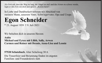 Traueranzeige von Egon Schneider von Siegener Zeitung