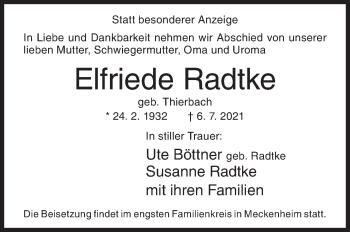 Traueranzeige von Elfriede Radtke von Siegener Zeitung