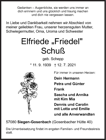 Traueranzeige von Elfriede Schuß von Siegener Zeitung
