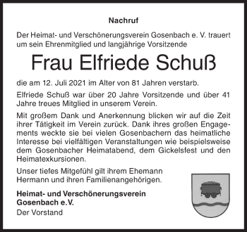 Traueranzeige von Elfriede Schuß von Siegener Zeitung