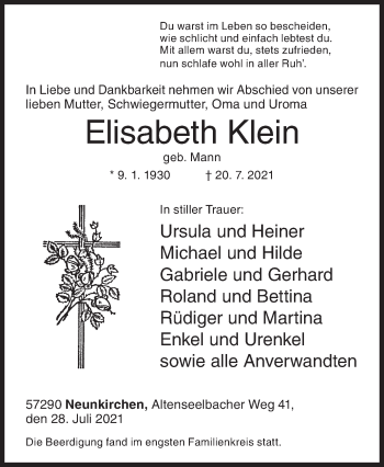 Traueranzeige von Elisabeth Klein von Siegener Zeitung