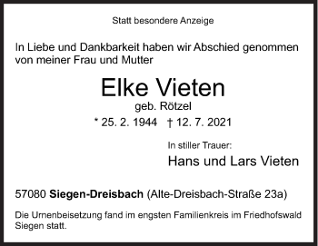 Traueranzeige von Elke Vieten von Siegener Zeitung