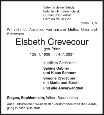 Traueranzeige von Elsbeth Crevecour von Siegener Zeitung