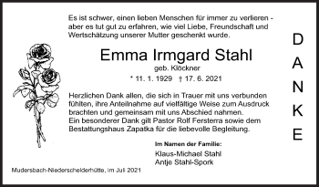 Traueranzeige von Emma Irmgard Stahl von Siegener Zeitung