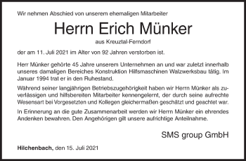 Traueranzeige von Erich Münker von Siegener Zeitung
