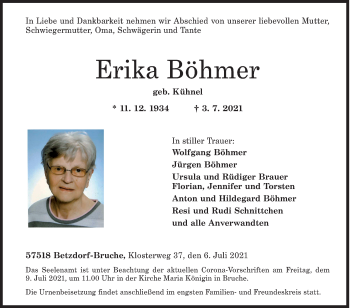 Traueranzeige von Erika Böhmer von Siegener Zeitung