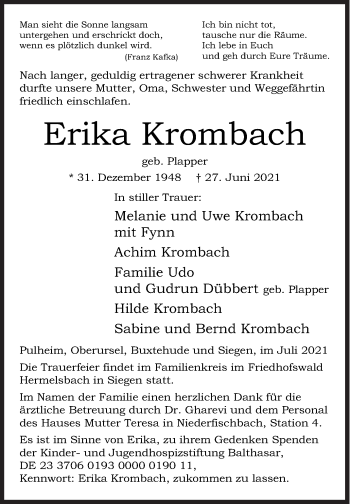 Traueranzeige von Erika Krombach von Siegener Zeitung