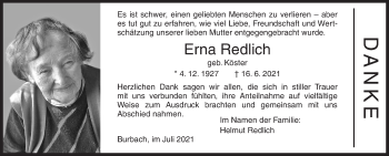Traueranzeige von Erna Redlich von Siegener Zeitung