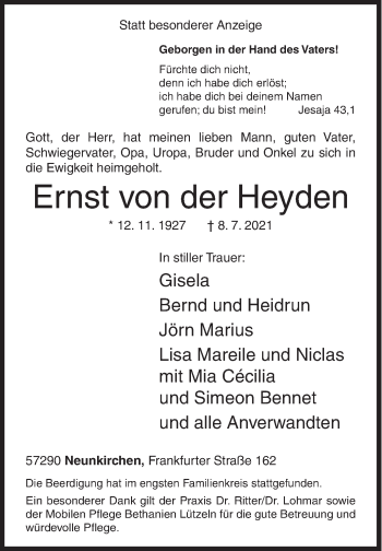 Traueranzeige von Ernst von der Heyden von Siegener Zeitung